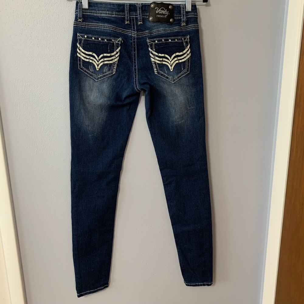 Premium Vanity Collection Women's Harlow Skinny Embellished Dark Blue Sz 27W/32L - Picture 7 of 16